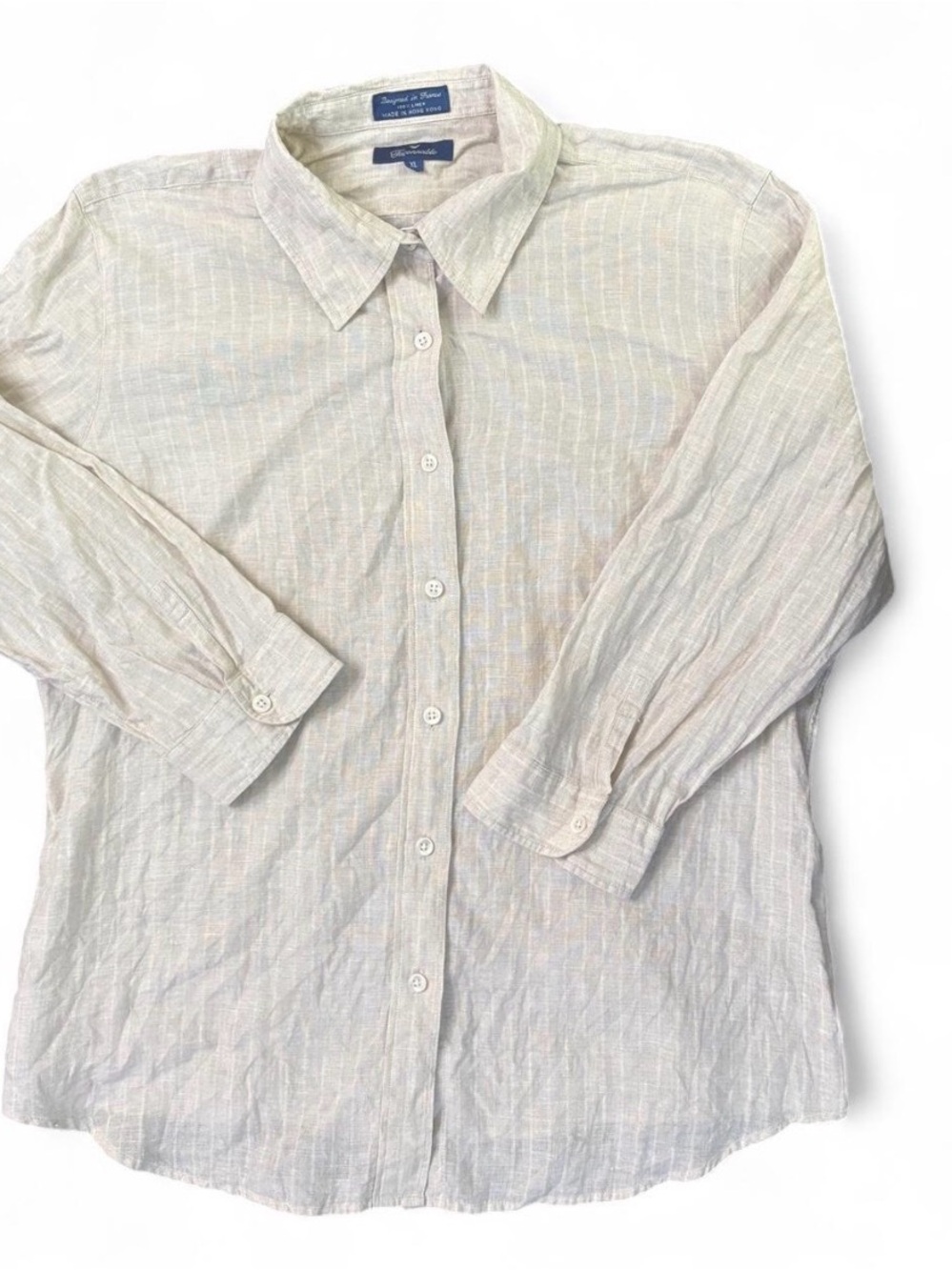 Vintage Women's Beige Striped Façonnable 100% Linen 3/4 Sleeve Button Down Shirt